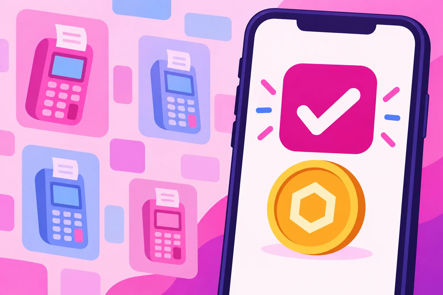 Paiement en crypto affiché sur un smartphone avec une icône de coche et une pièce dorée, illustration colorée.