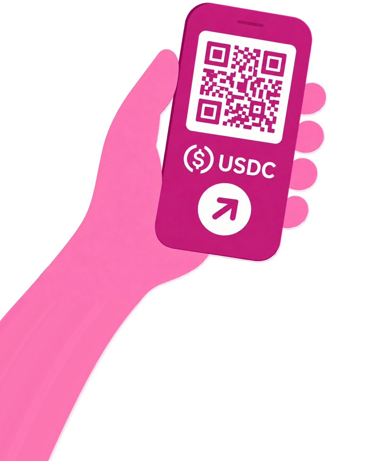 Lecture d’un smartphone affichant un code QR et la mention USDC dans une main rose.